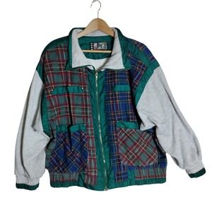 Vintage 90s River Edge Patchwork Plaid Jacket Retro Mixed Media Sz XL Grandpa